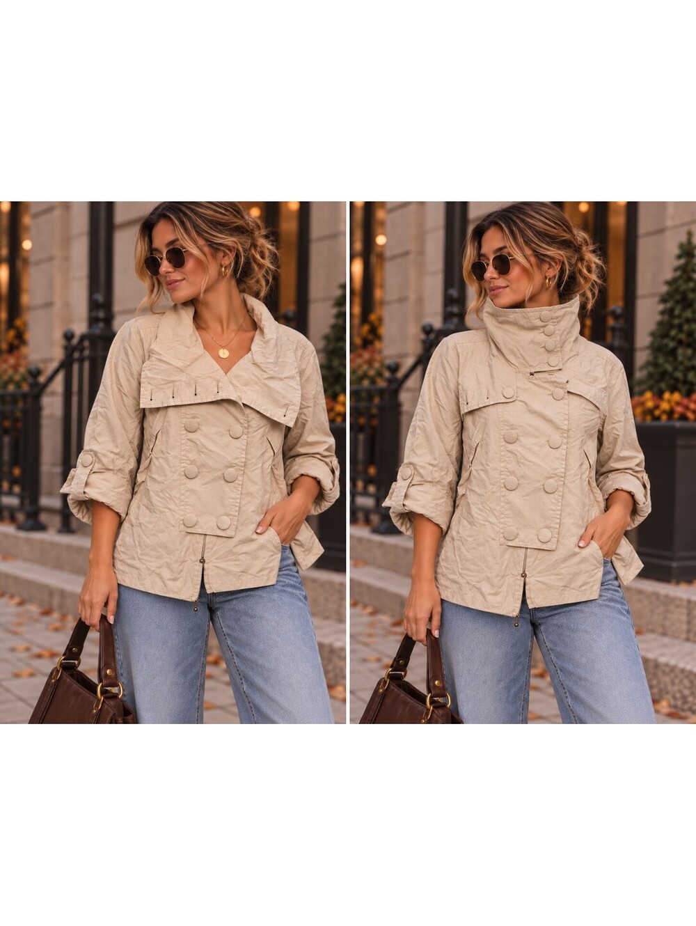 French Connection Double Breasted Jacket Womens 6 Beige Funnel Neck Cropped